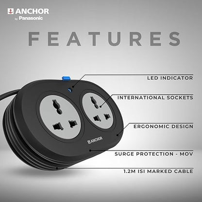 Anchor by Panasonic 2 Universal Socket Extension Board, 6A Spike Guard with 1.2-Meter Heavy Duty Cord for Home and Office Usage, 2 Way Power Strip with LED Indicator, Matt Finish