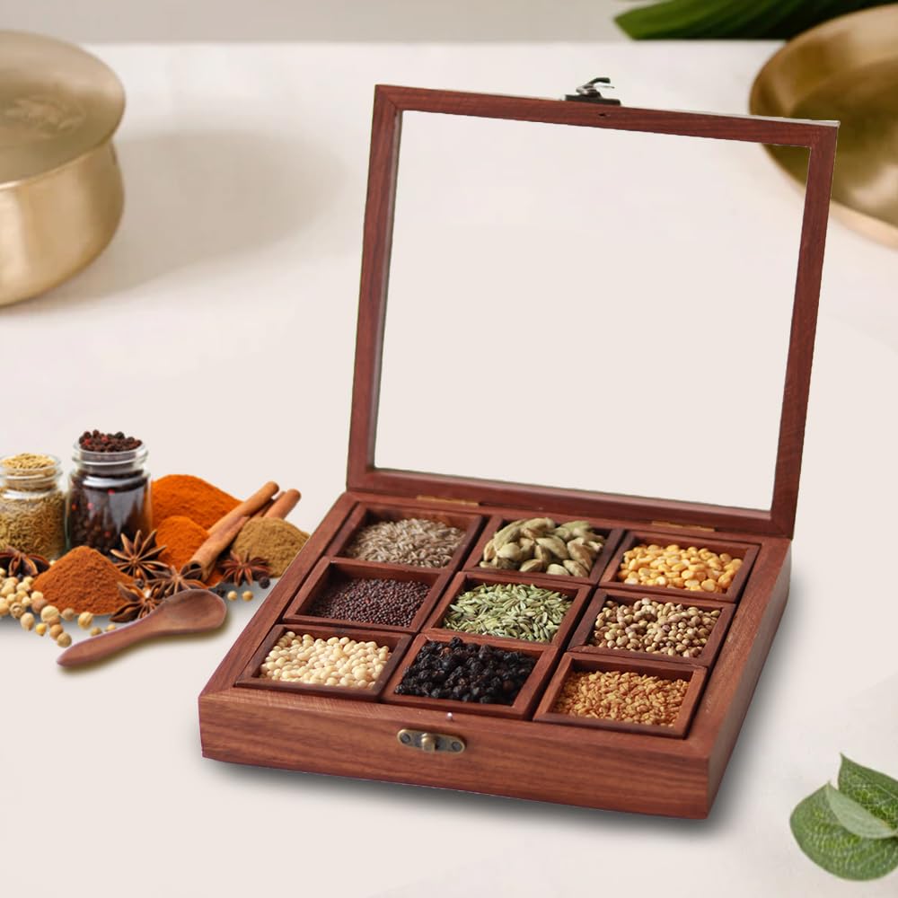 Udaipur Handicrafts Wooden Masala Dabba Spice Containers for Kitchen Storage Spice Box with Spoon Masala Box/Ajaria Petti/Nama Dani (Sheesham Wood, 9-Removable Partitions, Brown)