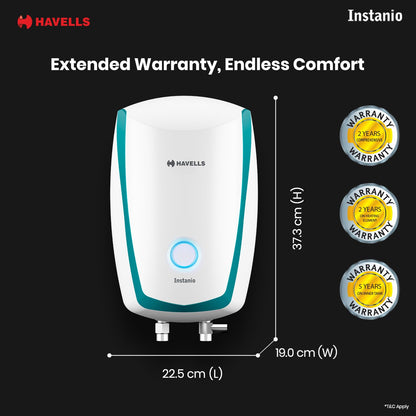 Havells Instanio 3L Instant Water Heater(Geyser)| Temp. Sensing LED Indicator| Rust & Shock Proof Body| ISI Marked|Warranty: 5 year on Inner Tank| High Rise Compatible (White Blue)