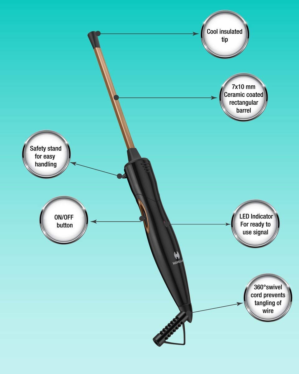 Havells HC4031 7 mm thin Chopstick Curler; Ceramic barrel; Fast heat up for Long-lasting maggie Curls for Short & Long hair (Black)