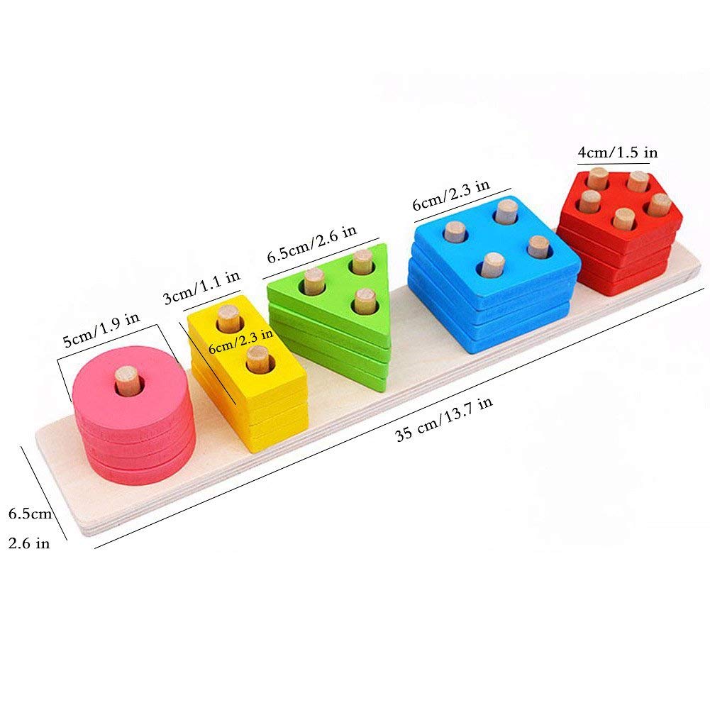 Udaipur HandiCrafts  Kids Wooden Angle Geometric Blocks Stacker Shape Sorter Column Puzzle Stacking Set - 5 Columns