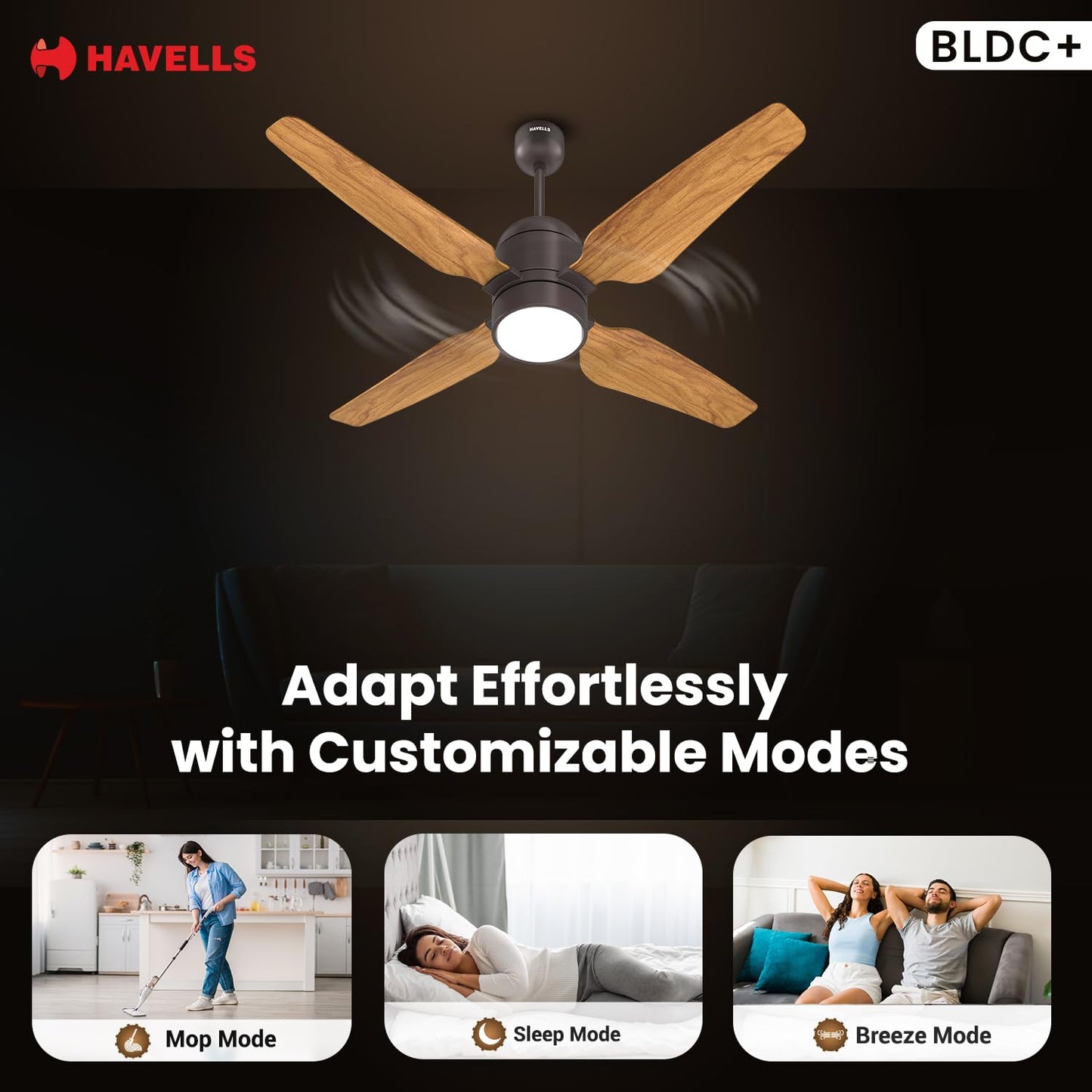Havells 1200mm Momenta Underlight BLDC+ Ceiling Fan | Remote Controlled, Smart Fan, IoT Enabled, Alexa & Google Home Compatible | Upto 60% Energy Saving, 2 Year Warranty | (Smoke Brown Pine Wood)