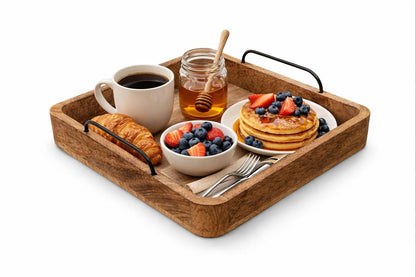Udaipur Handicrafts Wooden Serving Tray for Home & Kitchen Item Serving Snacks & Fruits Decorative Kitchen & Dining Table Tray Decor 10 Inch