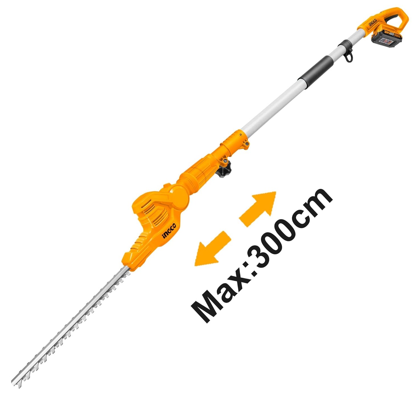 INGCO Cordless Pole Hedge Trimmer, with Battery & Charger, Extended Reach for Trimming Shrubs Small Trees