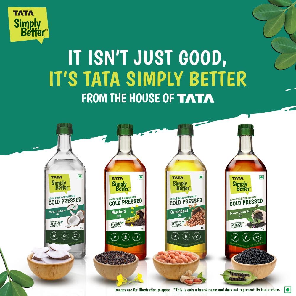 Tata Simply Better Pure & Unrefined Cold Pressed Groundnut (Peanut) Oil,Kolhu/Kacchi Ghani/Mara Chekku/Ganuga,Naturally Cholesterol Free,1L,Groundnut Oil Rich Aroma & Flavour Of Real Groundnuts