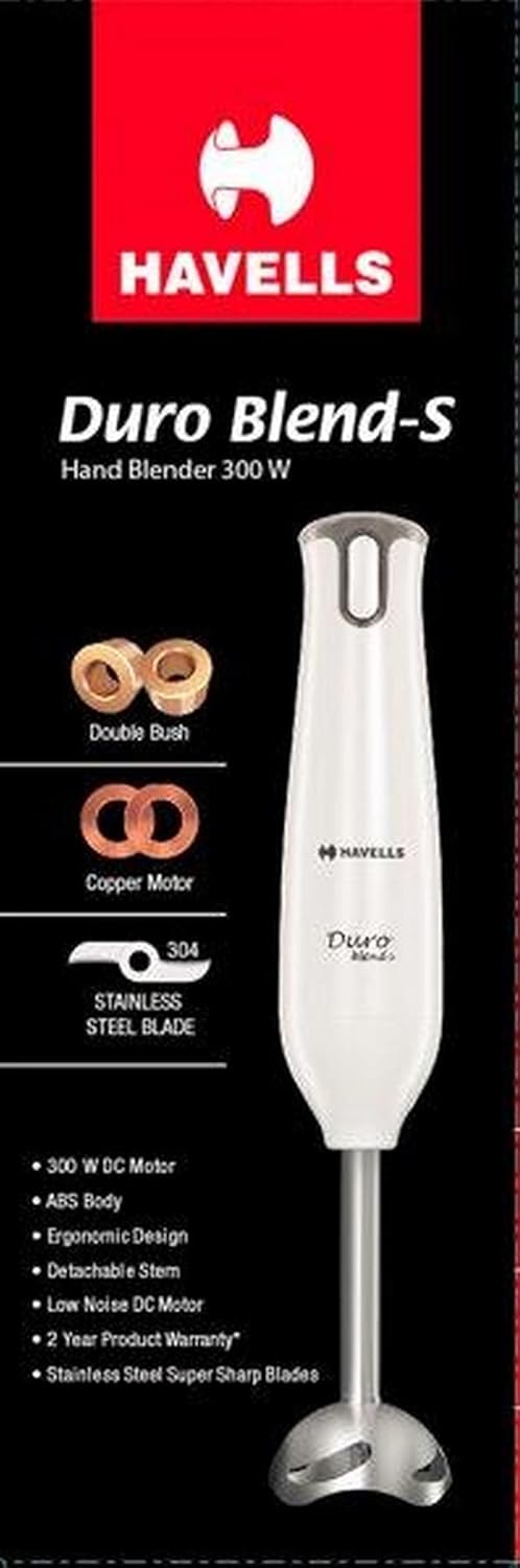 Havells Duro Blend - S Low Noise 300 Watt Hand Blender With Detachable Stainless Steel Stem, Double Bush,Copper Motor & 2 Years Warranty, 300 Watt