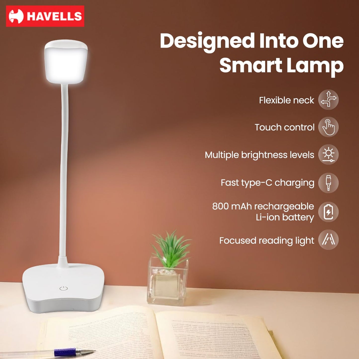 Havells Lucento Table Lamp 4.5W | Integrated Touch Sensor|3 Step Dimmable LED Table lamp|3.7V, 800 mAh Lithium‑Ion Battery | Light Modes: 100%, 50%,25% | Eye Soft Technology for Soft Glare-Free Light