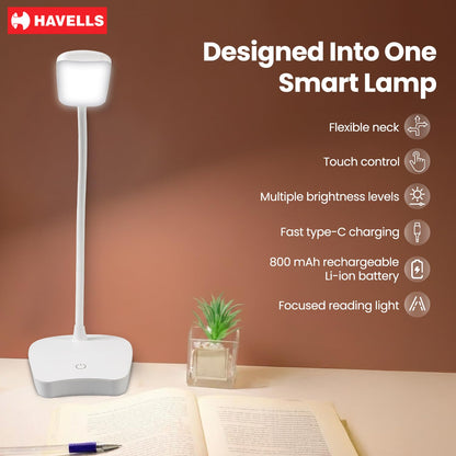 Havells Lucento Table Lamp 4.5W | Integrated Touch Sensor|3 Step Dimmable LED Table lamp|3.7V, 800 mAh Lithium‑Ion Battery | Light Modes: 100%, 50%,25% | Eye Soft Technology for Soft Glare-Free Light