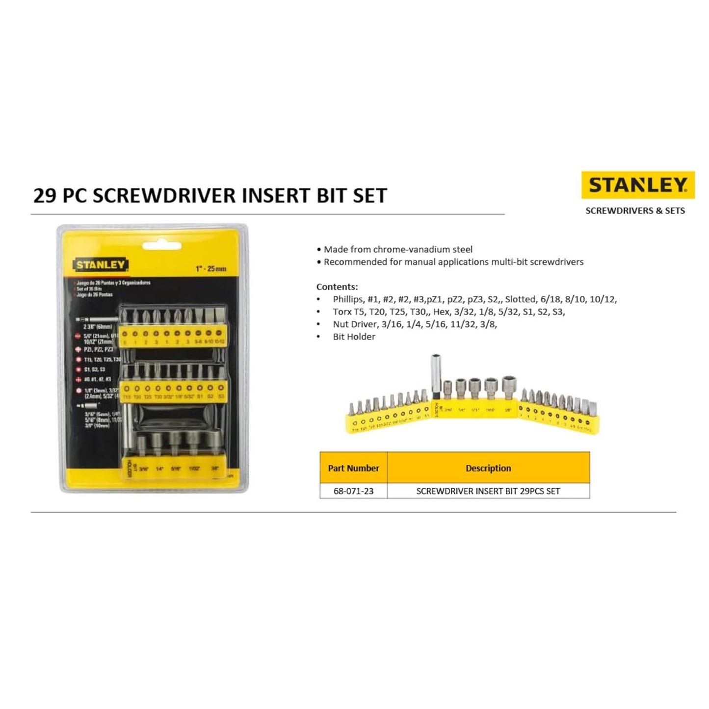 Stanley 68-071-23 26-Piece Insert-Bit Chrome-Vanadium Screwdriver Set For Home, Diy, Professional & Industrial Use Ideal For Electrical & Plumbing Tasks, Yellow & Black - Chrome Vanadium Steel