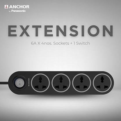 Anchor by Panasonic 4 Universal Socket Extension Board, 6A Spike Guard with 2-Meter Heavy Duty Cord for Home and Office Usage, 4 Way Power Strip with LED Indicator, Matt Finish