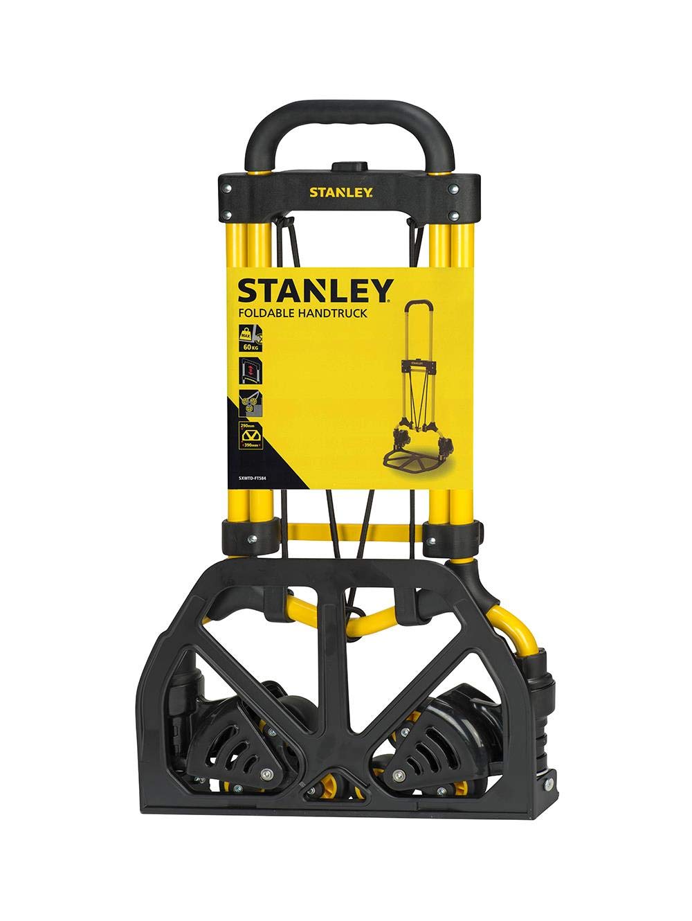 STANLEY SXWT-FT584-SP Folding Handtruck, 30/60kg Load Capacity, Adjustable TPR Grip Handle, Comes with a Bungee Cord, 2" Stair Climber Wheels, Open Dimn: 41x41x102 cm,Folded Dimn: 39x67x72.5 cm