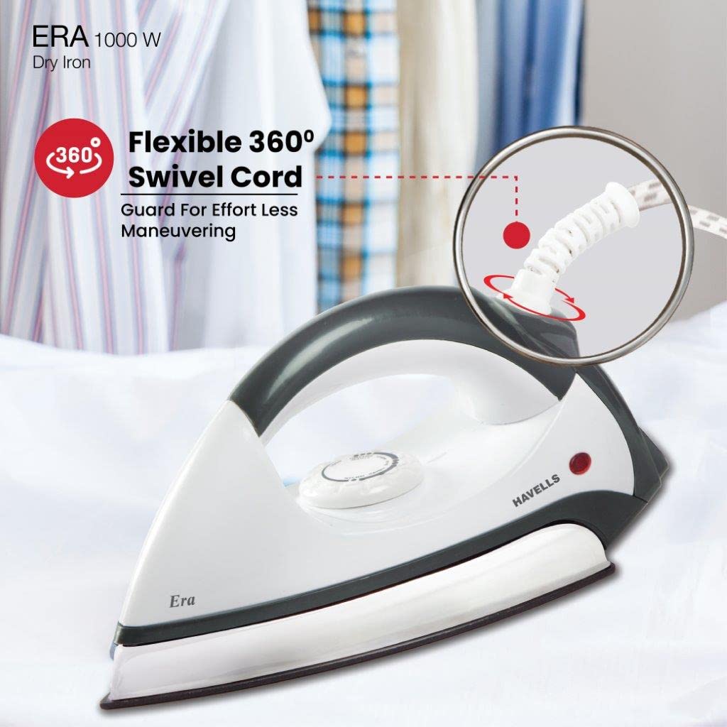 Havells Plastic Era 1000-Watt Dry Iron (Grey/White), 1100 Watts, Pack of 1