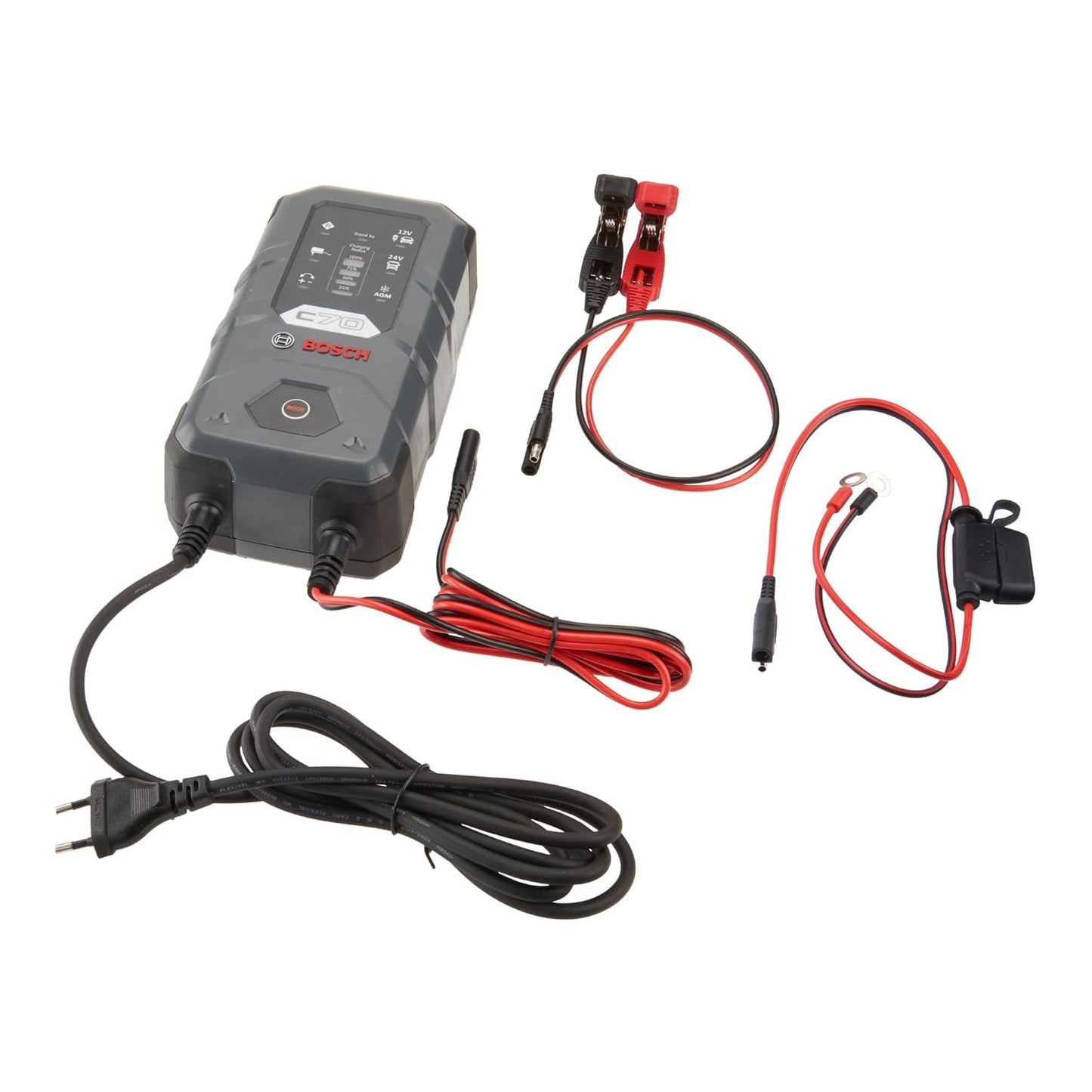 Bosch C70-B Battery Charger, 6 Amps with Trickle Function - for 12V/24V, 2 Ah to 230 Ah, Lead-Acid, EFB, Gel, AGM and SLI Batteries | Bikes, Cars & Commercial Vehicles