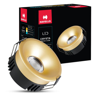 Havells Crysta Deco Cob 7W 6K Sand Gold,Led-Spotlights,Energy Efficient,Long Life of 25000 Burning Hours,Beam Angle of 36°,Metal Body Cob with Independent Driver,Cool Daylight (6500K)