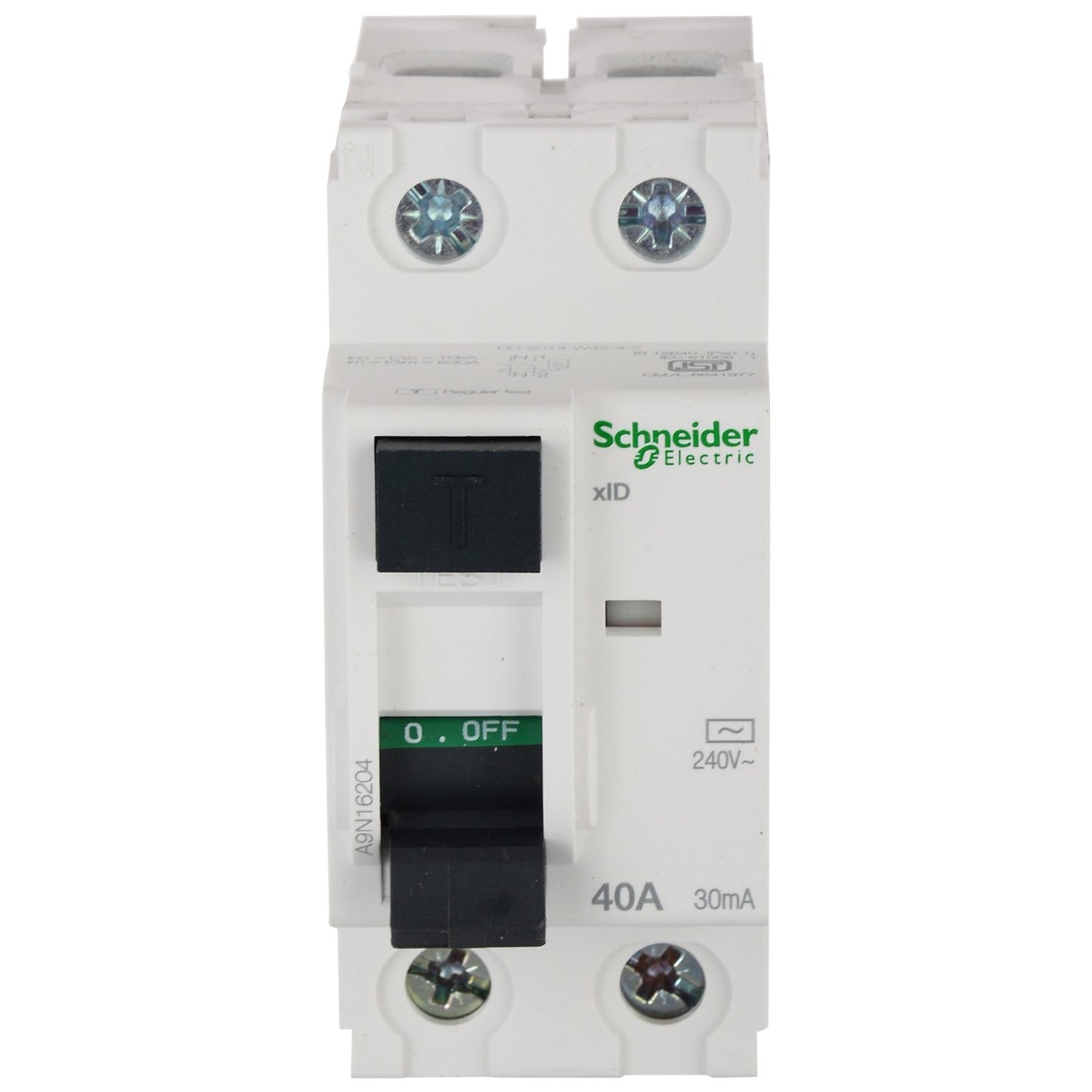Schneider Electric Acti9 40A 2-Pole RCCB 30mA | Polycarbonate Body, White | Residual Current Circuit Breaker for Electric Shock & Fire Protection | DIN Rail Mount | IEC Certified (A9KR11240)