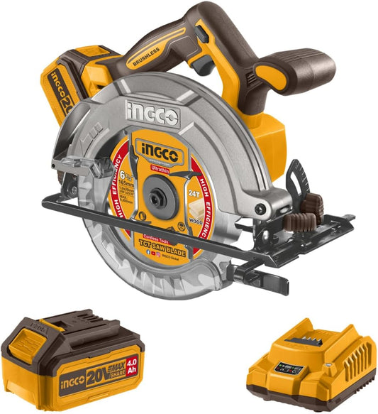 INGCO 20V Cordless Circular Saw 165mm with Brushless Motor 5200RPM Max. Cutting Depth 55mm (90°) Powerful and Efficient Cutting Tool with 1Pcs 4.0Ah Battery and Charger CSLI16521