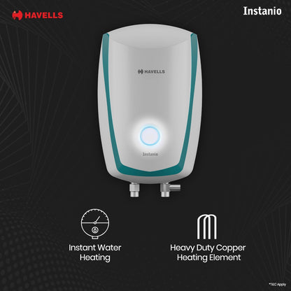 Havells Instanio 3L Instant Water Heater(Geyser)| Temp. Sensing LED Indicator| Rust & Shock Proof Body| ISI Marked|Warranty: 5 year on Inner Tank| High Rise Compatible (White Blue)