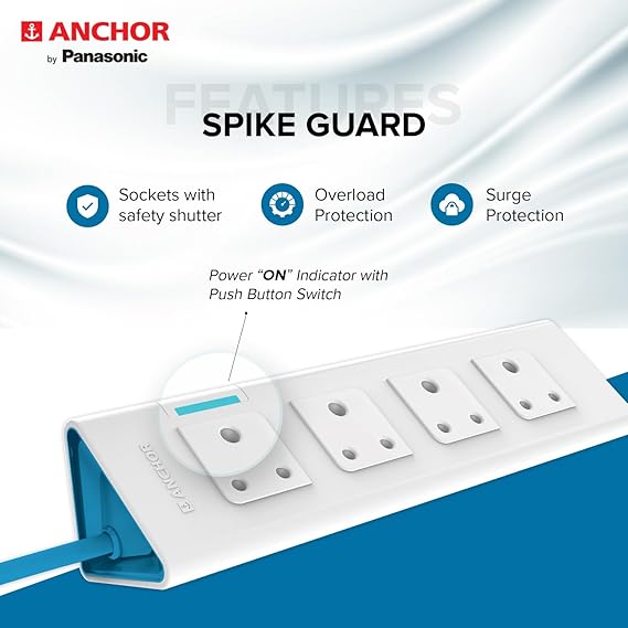 anchor by panasonic 22061 6A Power Strip 4 Socket Spike Guard with Single Switch (1.5 m, White and Blue)