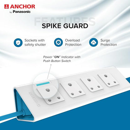 anchor by panasonic 22061 6A Power Strip 4 Socket Spike Guard with Single Switch (1.5 m, White and Blue)
