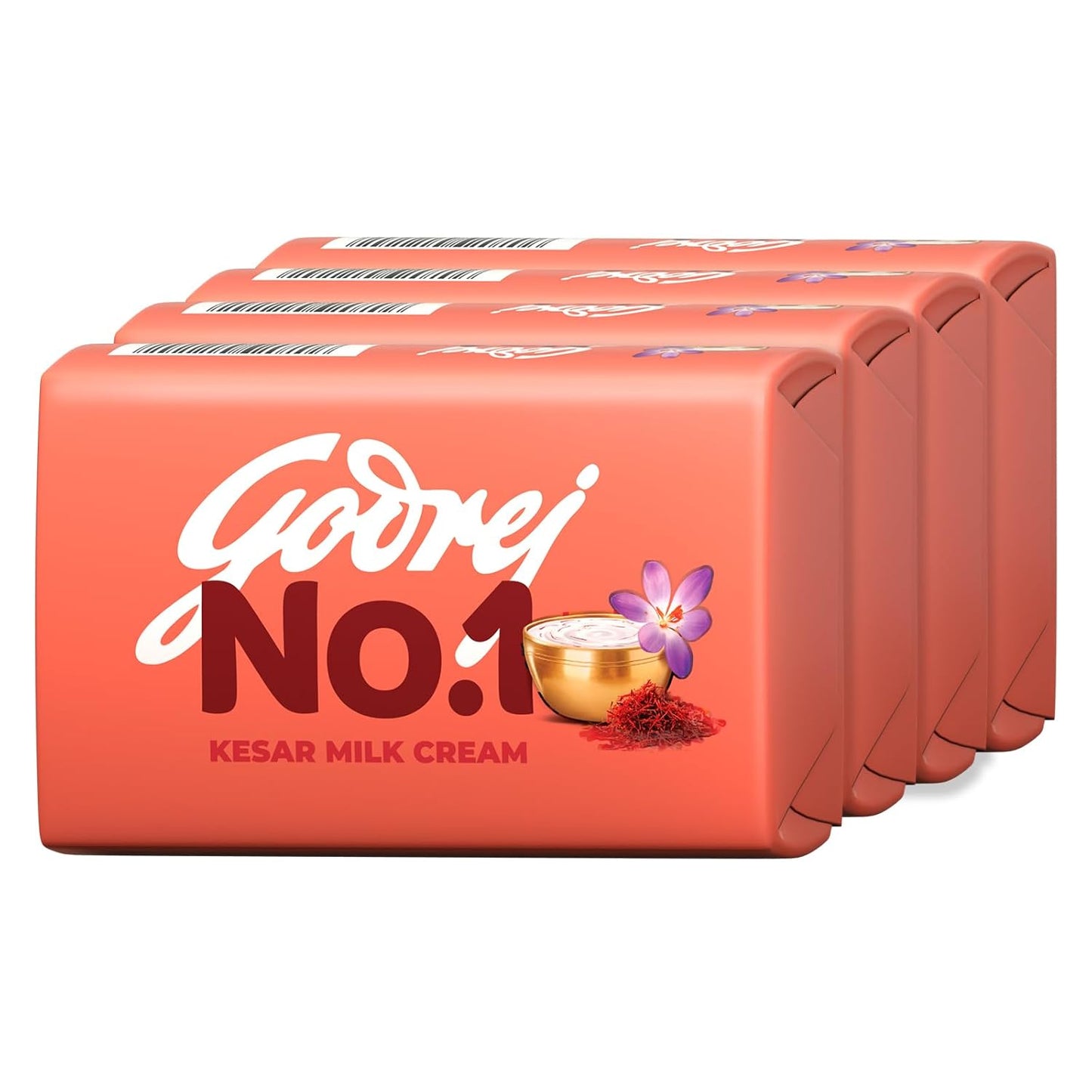 Godrej No. 1 Bathing Soap Kesar & Milk Cream Grade 1 Soap & Long-Lasting Fragrance, Combo Pack Of 4 (150G Each)
