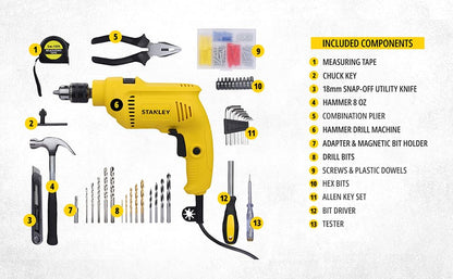 STANLEY SDH550KP-IN 550W 10mm CORDED HAMMER DRILL MACHINE & HAND TOOL KIT for Home, DIY & Professional Use (120-PIECES) - INCLUDES Hammer Drill,Plier,Hammer,Measuring Tape & Drill Bits,1Year Warranty