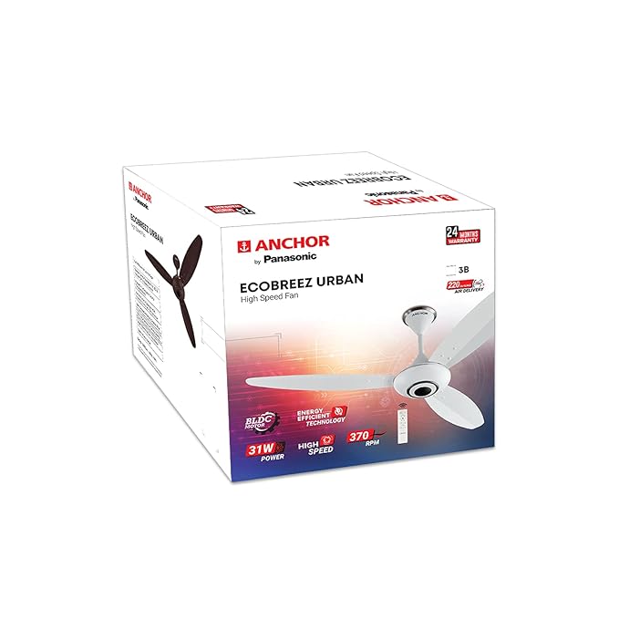 ANCHOR by panasonic Ecobreeze 1200mm BLDC Ceiling Fan (3 Blade, Matt White) with Remote, Medium (14143MWH)