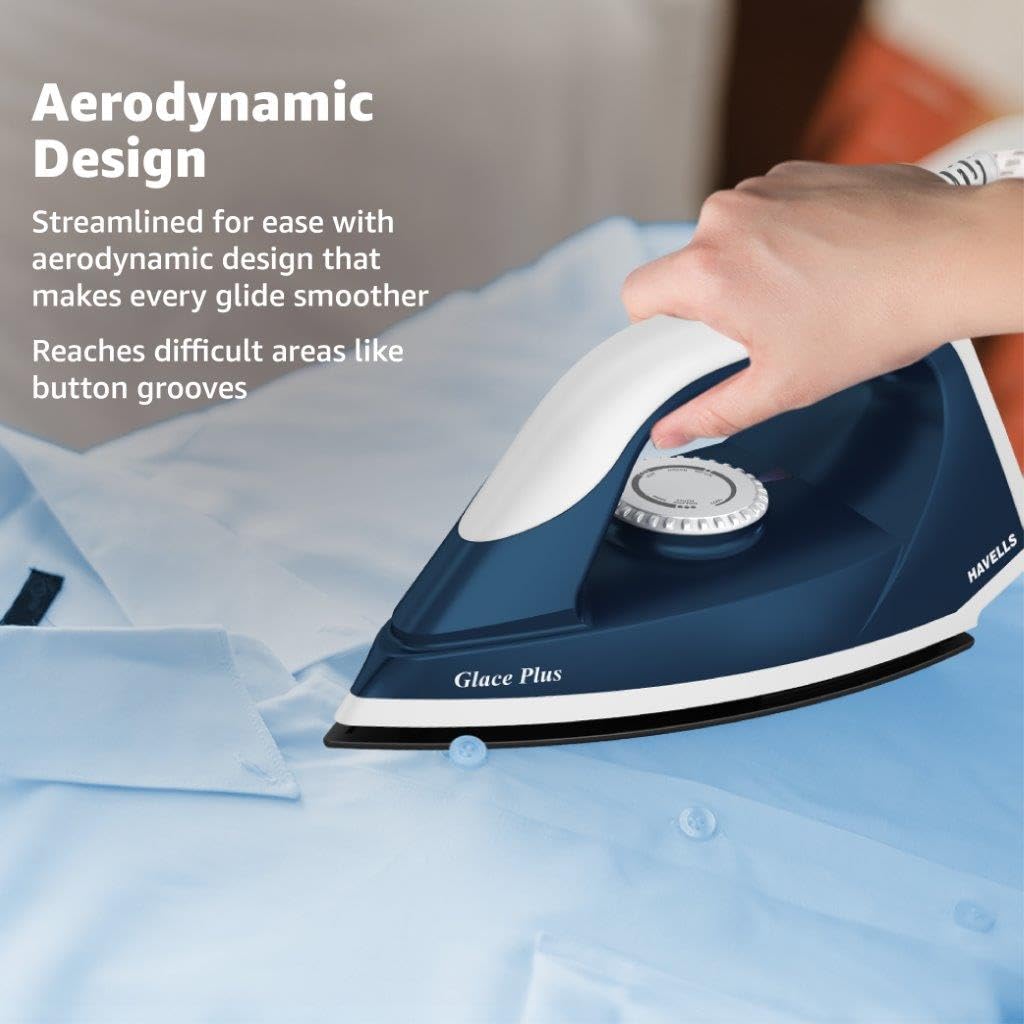 Havells Glace Plus 1000 Watts Dry Iron Press| 2X Non Stick Greblon Coating from Germany| 2X ISI Certified Safety & Performance| Fire Retardant Body| 2 Years Door Step Warranty by Havells (Blue)