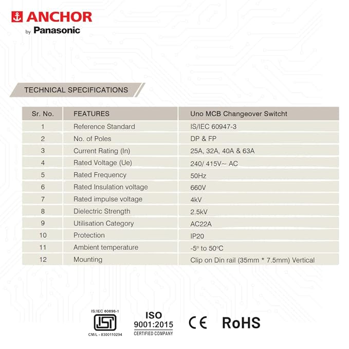 Anchor by Panasonic UNO Series 40 Amp Dual Pole MCB | 2 Pole C Curve MCB | 40A Change Over Switch Circuit Breaker