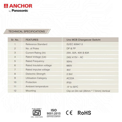 Anchor by Panasonic UNO Series 40 Amp Dual Pole MCB | 2 Pole C Curve MCB | 40A Change Over Switch Circuit Breaker