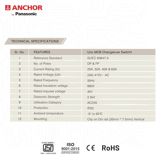 Anchor by Panasonic UNO Series 40 Amp Dual Pole MCB | 2 Pole C Curve MCB | 40A Change Over Switch Circuit Breaker