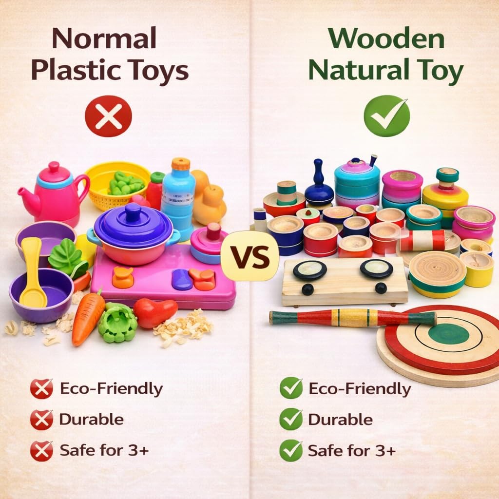 Udaipur HandiCrafts Wood Eco Friendly Wooden Kids Toy Kitchen Set/Choppu Jaman Made In India Kids Gas Stove With Cylinder Combo-Multi Color