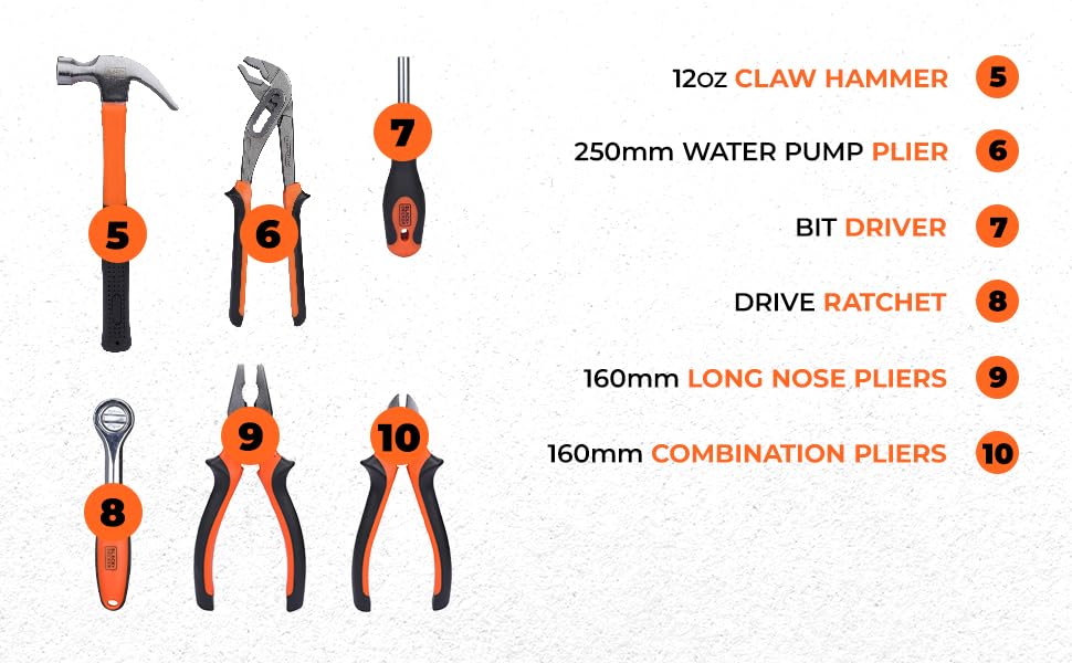 BLACK+DECKER BMT154C Hand Tool Kit for Home & DIY Use (154-Piece) - Includes Screwdriver, Wrench, Ratchet, Utility Knife, Saw, Claw Hammer, Measuring Tape and Plier, 6 Month Warranty, ORANGE & BLACK