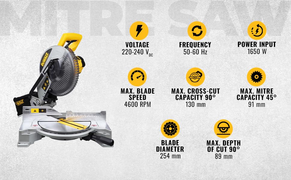 DEWALT DW714-IN 10"(254 mm) Corded Compound Mitre Saw With 80T TCT Alu. Blade, 1650W Univ. Motor, 4600 RPM, Max. Cross-cut Capacity 90 Deg.: 130 mm, Ideal For Cutting Wood & Tiles, Horizontal D-Handle