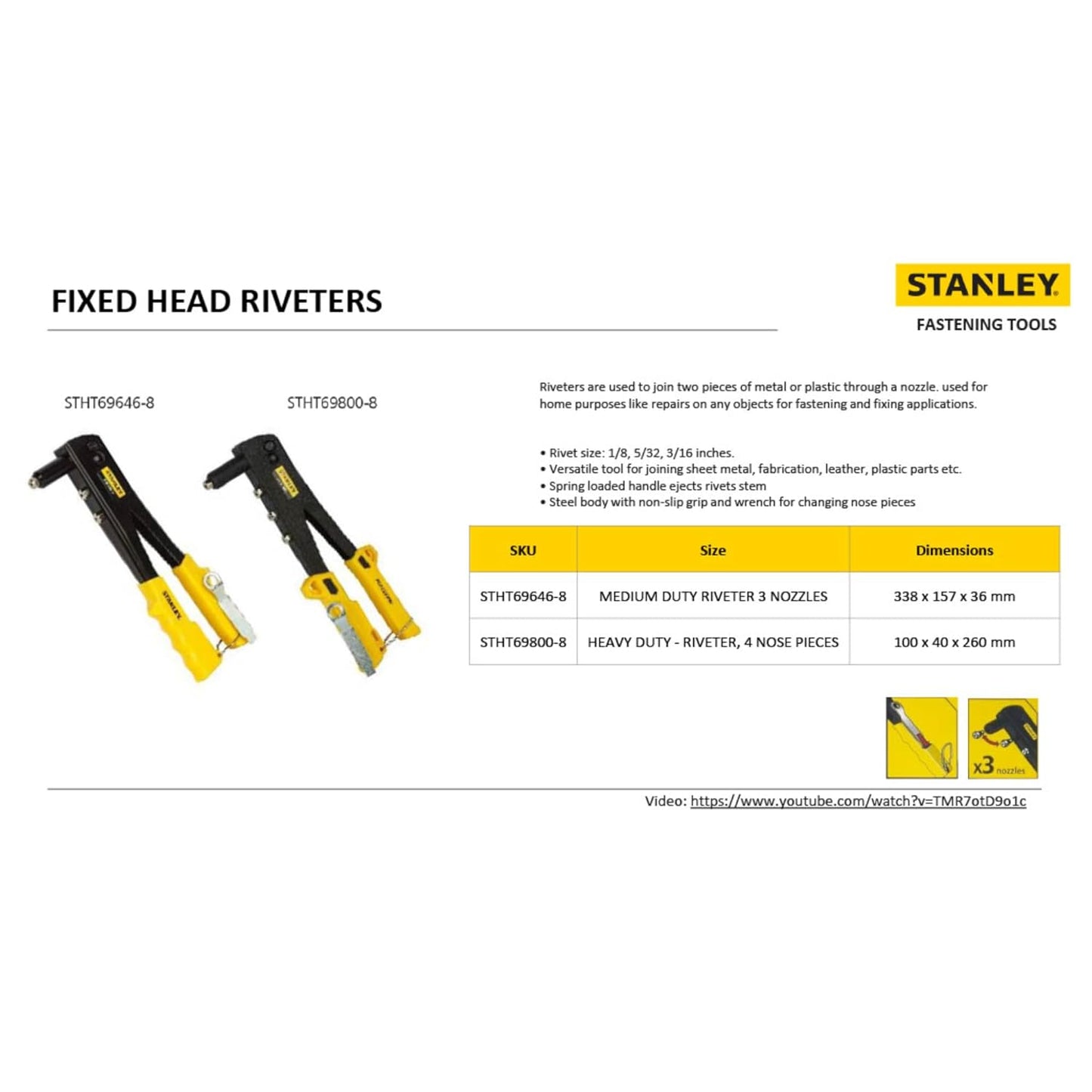 STANLEY STHT69800-8 Heavy Duty Riveter Set with 4 Nozzles & Anti-Corrosion Properties Ideal for Joining & Fabrication of Sheet Metals, Leather & Plastic Parts, YELLOW & BLACK