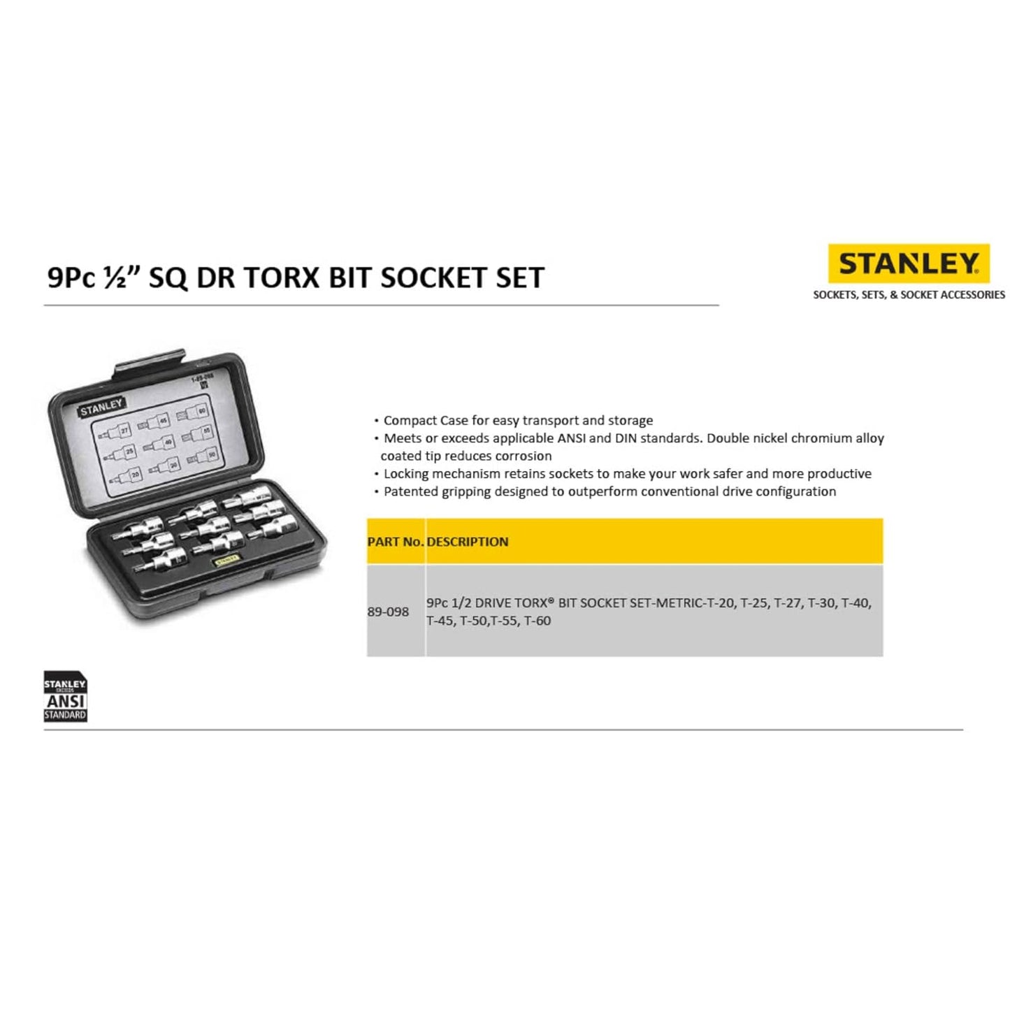 STANLEY 89-098 9-Piece 1/2'' Drive Torx Bit Socket Set