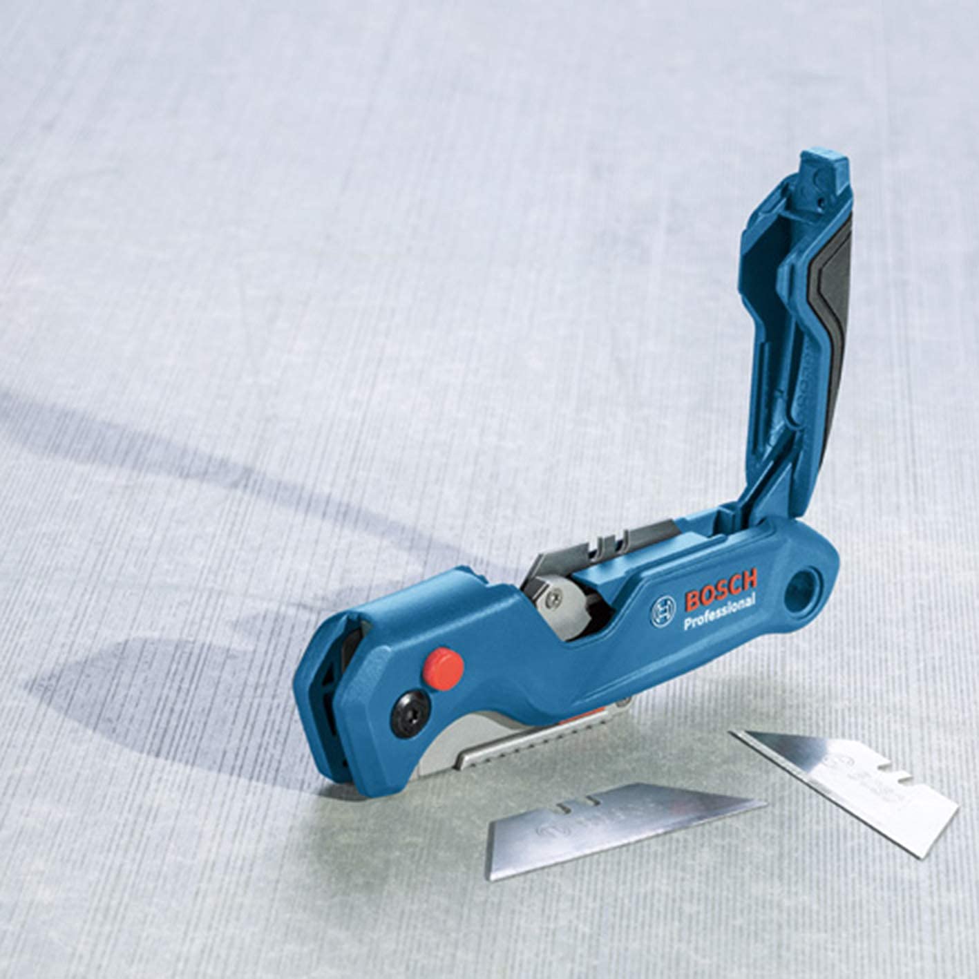 BOSCH Professional Folding Knife Blade Set with Rubber Handle - 10 Trapezoid Blades, Stainless Steel, One-Hand Dispenser, and Safety Box (63 x 19 mm Blade)
