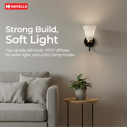 Havells Aura Indoor Wall Light | Durable Frame and Ambient Glow Diffuser | B22 Holder Compatible | Elegant Lighting for Bedrooms, Living Rooms & Hallways
