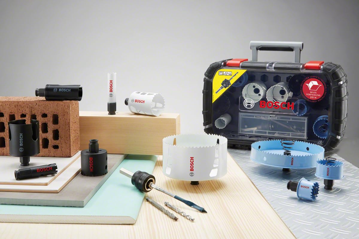 BOSCH Professional Hole Cutters 11 Piece Set | 8 HCS Holesaws Ø 22–68 mm | For Wood, Veneered Boards & Chipboard | 2 Adapters | Durable Plastic Case | Ideal for DIY & Professional Use