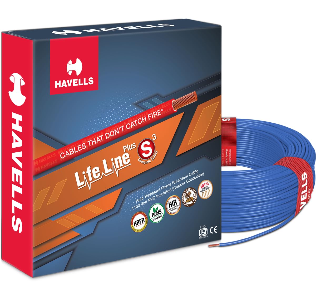 Havells LifeLine+ S3 | 1 sq.mm Copper Wire (180m-Blue)| Class 2 Conductor (100% Copper), Heat Resistant & Flame Retardant - Ideal for Domestic & Industrial Use (WHFFDNBL11X07)