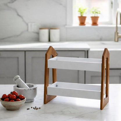 Udaipur Handicrafts 2-Tier Wooden Spice Rack Organizer | Multi-Purpose Countertop Storage Shelf for Kitchen, Bathroom & Office | Modern House-Shape Design | White & Natural Wood Finish