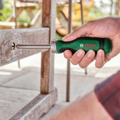BOSCH Ratchet Screwdriver | Smooth Ratchet Mechanism for Continuous Rotation | 12 Interchangeable Bits in Magazine | Ergonomic Non-Slip Handle for Comfort | Quick Bit Storage for Easy Access