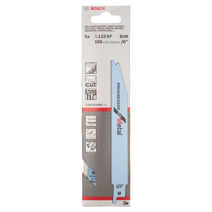Bosch Professional Reciprocating Saw Blades, For Metal, S123Xf, Blade Length 150Mm, For Regular-Strength Steel Pipes And Profiles Of Wall Thickness From 1Mm To 8Mm, Pack Of 5