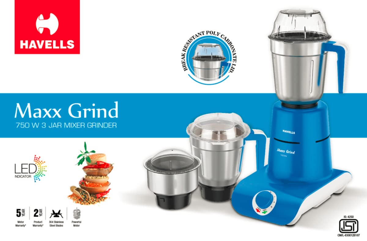 Havells Maxx Grind 750 watt Mixer Grinder with 3 Wider Mouth Stainless Steel Jar, Hands Free Operation, SS-304 Grade Blade, Overload Indicator & 5 Year Motor Warranty (Blue).
