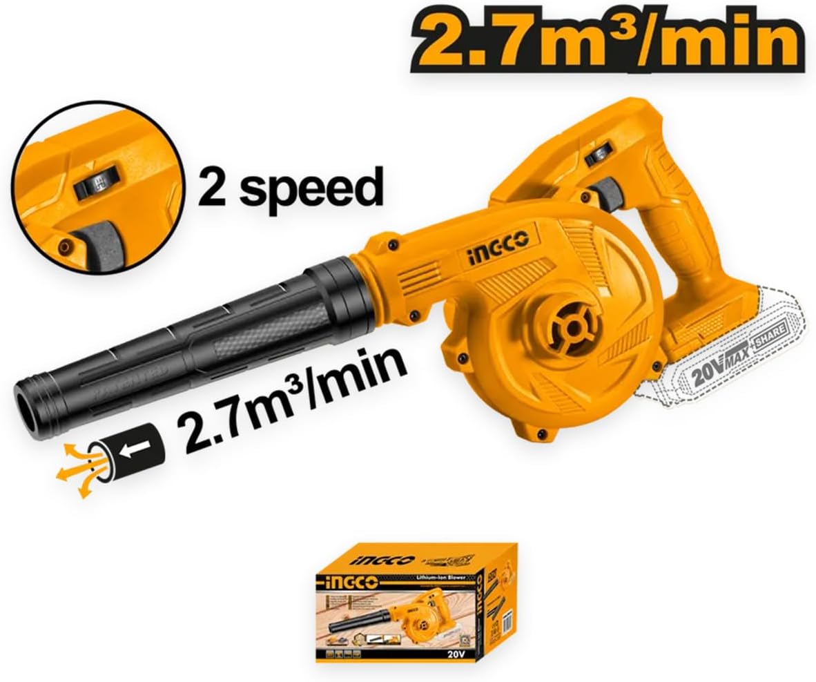 INGCO CABLI200181 20V Cordless Leaf Blower – Dual-Speed, High-Efficiency Motor (0–18000 RPM)