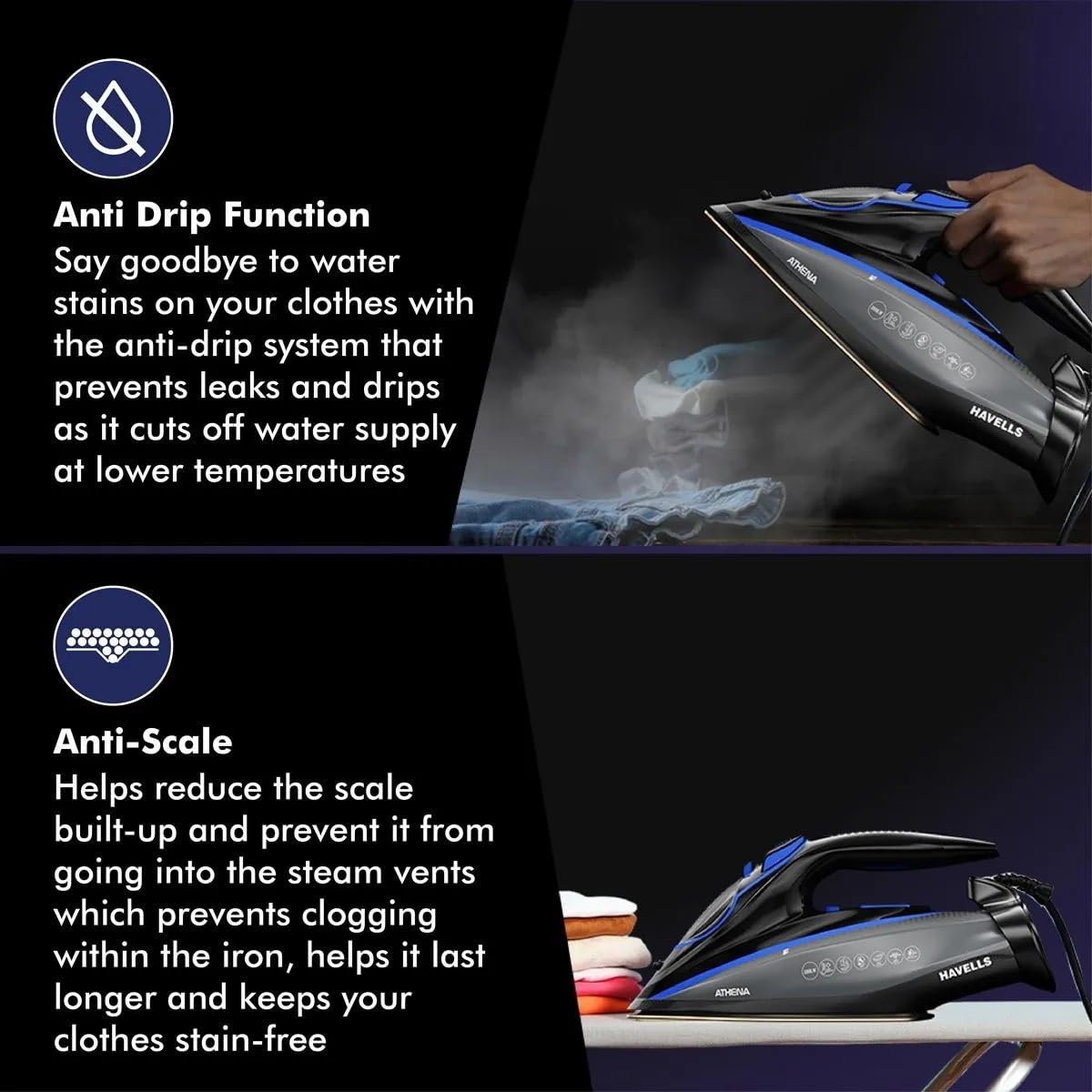 Havells Athena 3000 W Steam Iron with Smart i Sense Technology(No Fabric Burn), 2X Auto Shut Off, Vertical, Horizontal Ironing, Anti Drip, Self-Cleaning&Anti Scale Technology. (Black Blue), 3000 Watts