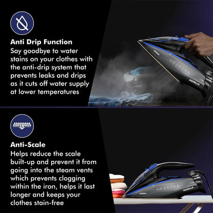 Havells Athena 3000 W Steam Iron with Smart i Sense Technology(No Fabric Burn), 2X Auto Shut Off, Vertical, Horizontal Ironing, Anti Drip, Self-Cleaning&Anti Scale Technology. (Black Blue), 3000 Watts