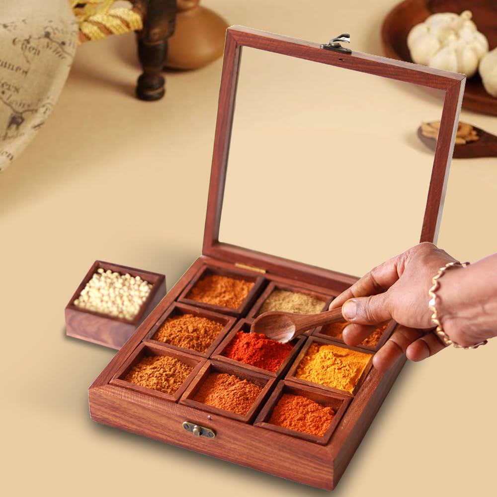 Udaipur Handicrafts Wooden Masala Dabba Spice Containers for Kitchen Storage Spice Box with Spoon Masala Box/Ajaria Petti/Nama Dani (Sheesham Wood, 9-Removable Partitions, Brown)