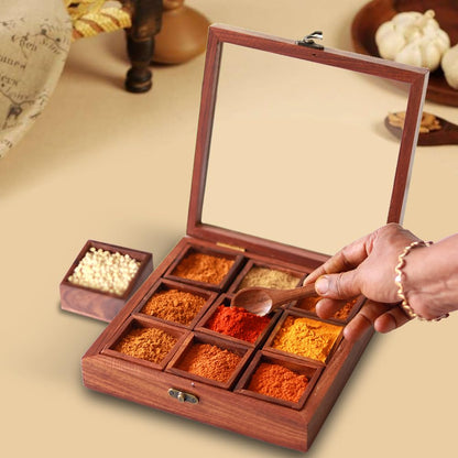 Udaipur Handicrafts Wooden Masala Dabba Spice Containers for Kitchen Storage Spice Box with Spoon Masala Box/Ajaria Petti/Nama Dani (Sheesham Wood, 9-Removable Partitions, Brown)