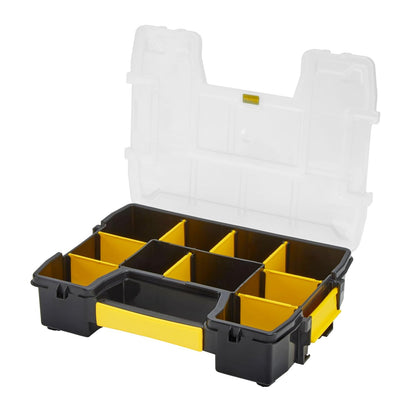 STANLEY STST1-70720 Professional Heavy Duty 10 Compartment Sort Master Light Organizer, 2.5 Kg Weight Capacity, Customizable 8 Removable Dividers, Polypropylene Textured Lid, 11.6x29.3x22.4 cm