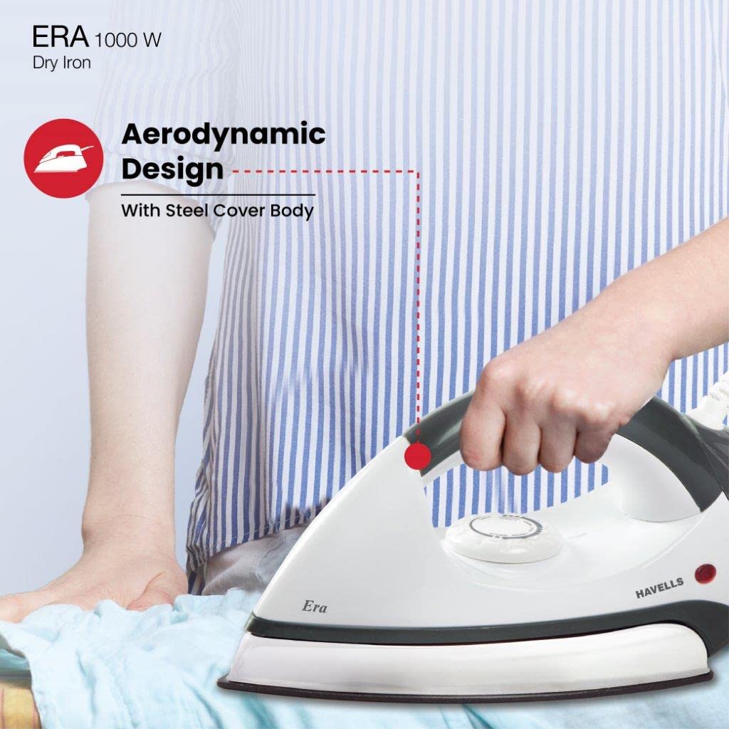 Havells Plastic Era 1000-Watt Dry Iron (Grey/White), 1100 Watts, Pack of 1